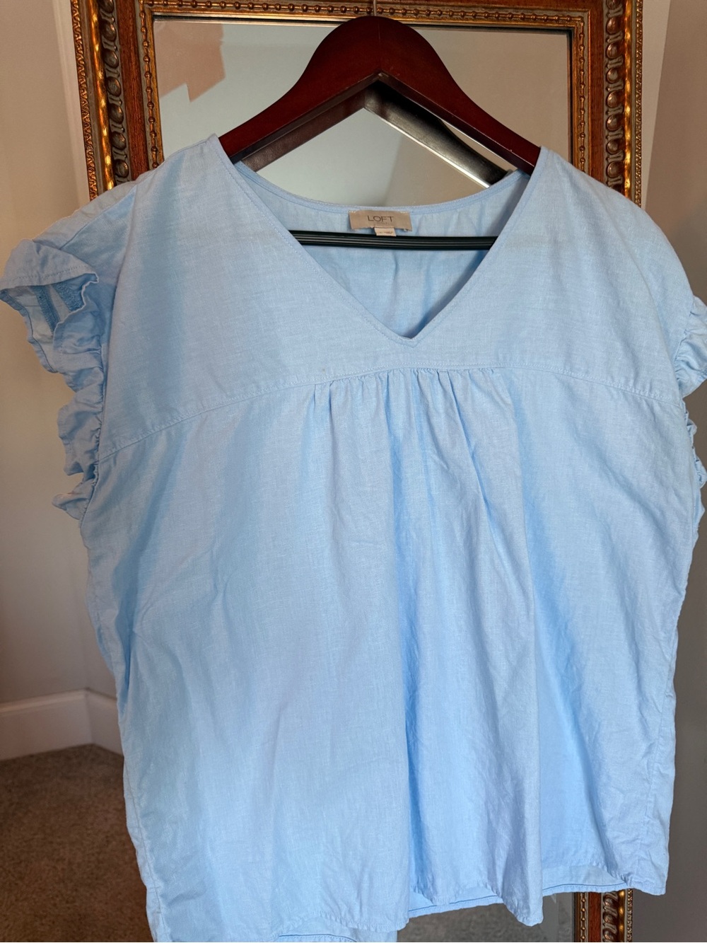 LOFT Sky Blue V-Neck Ruffle Sleeve Top